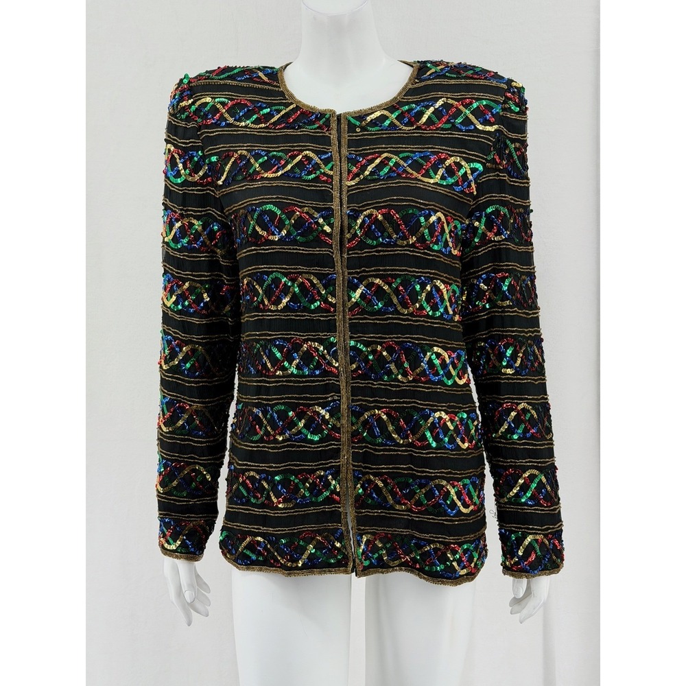 Vintage Laurence Kazar Jacket Women Large Black Beaded Sequin 100% Silk Cocktail